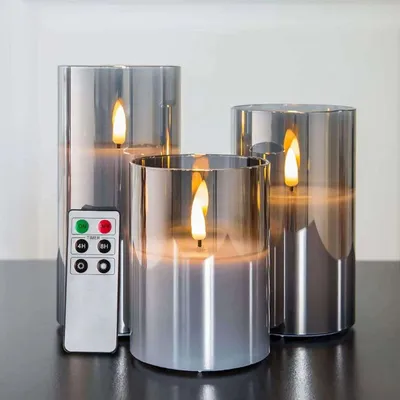 Eywamage Grey Glass Flameless Pillar Candles with Remote (Set of 3)