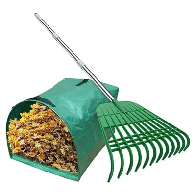 Gardzen 12 Tines Gardening Leaf Rake with Dustpan-type Garden Bag