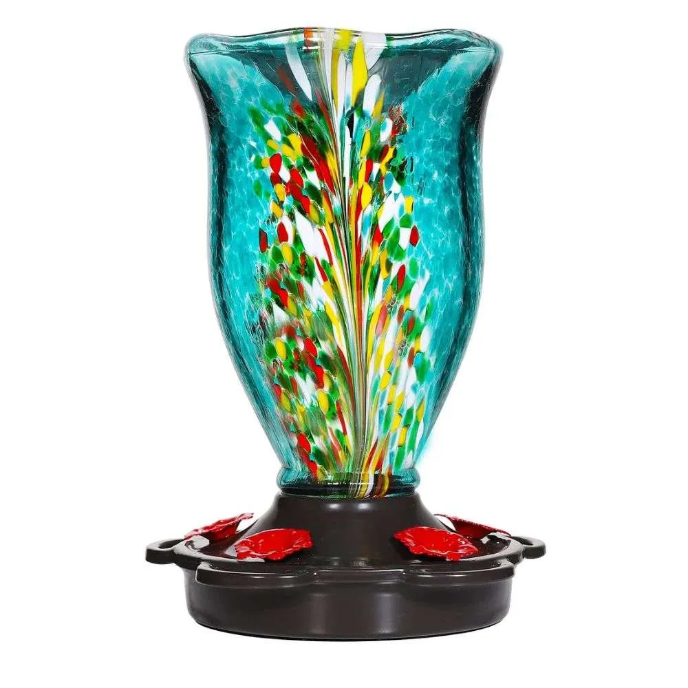 LUJII Bloom Shaped Hummingbird Feeder Hand Blown Glass (25 oz)