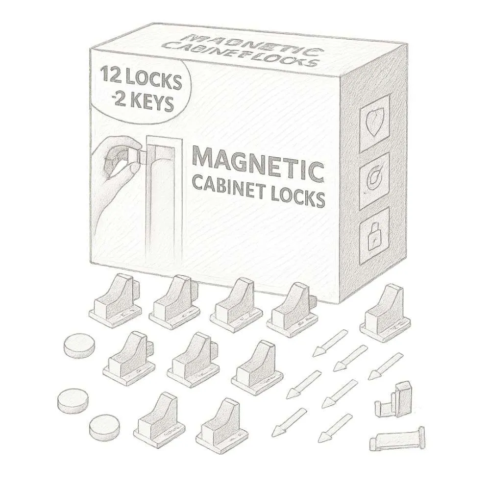 Vmaisi Adhesive Magnetic Cabinet Locks (12 Locks and 2 Keys)